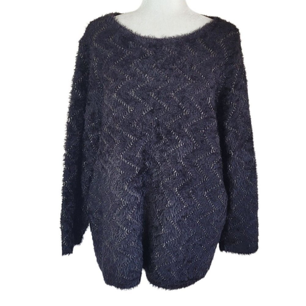 Chicos Black Fuzzy Faux Fur Chevron Pullover Crew Sweater Size 4 / XXL / 2XL
